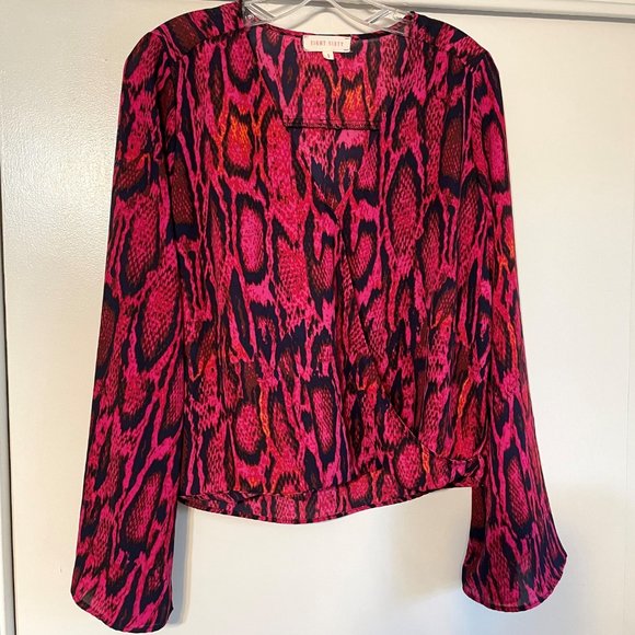 Eight Sixty Pink/Blue Snake Print Long Bell Sleeve Wrap Front V Neck Blouse S - Picture 1 of 9